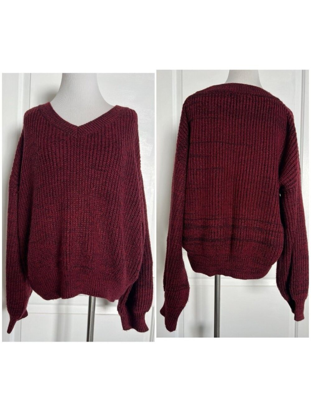 Maroon V Neck Marled Knit Pullover Sweater Top Balloon Sleeve Drop Shoulder M